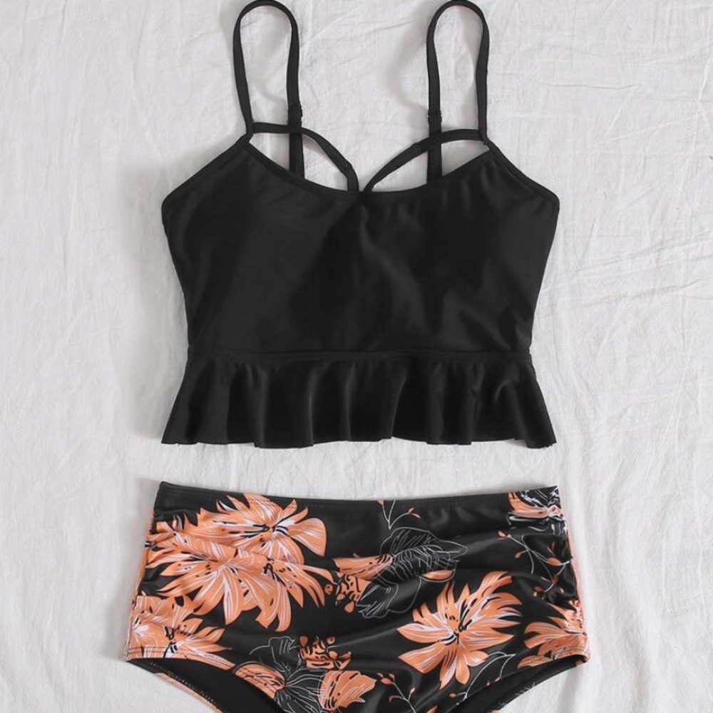 Lace Up Floral High Waisted Bikini